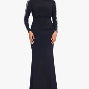 Betsy & Adam Black Long Sleeve Gown with Silver Accents
